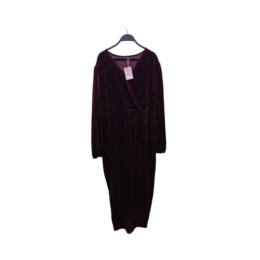 Yesfashion Burgundy Velvet Wrap Midi Dress Long Sleeve V-Neck Plus Size 3XL NWT